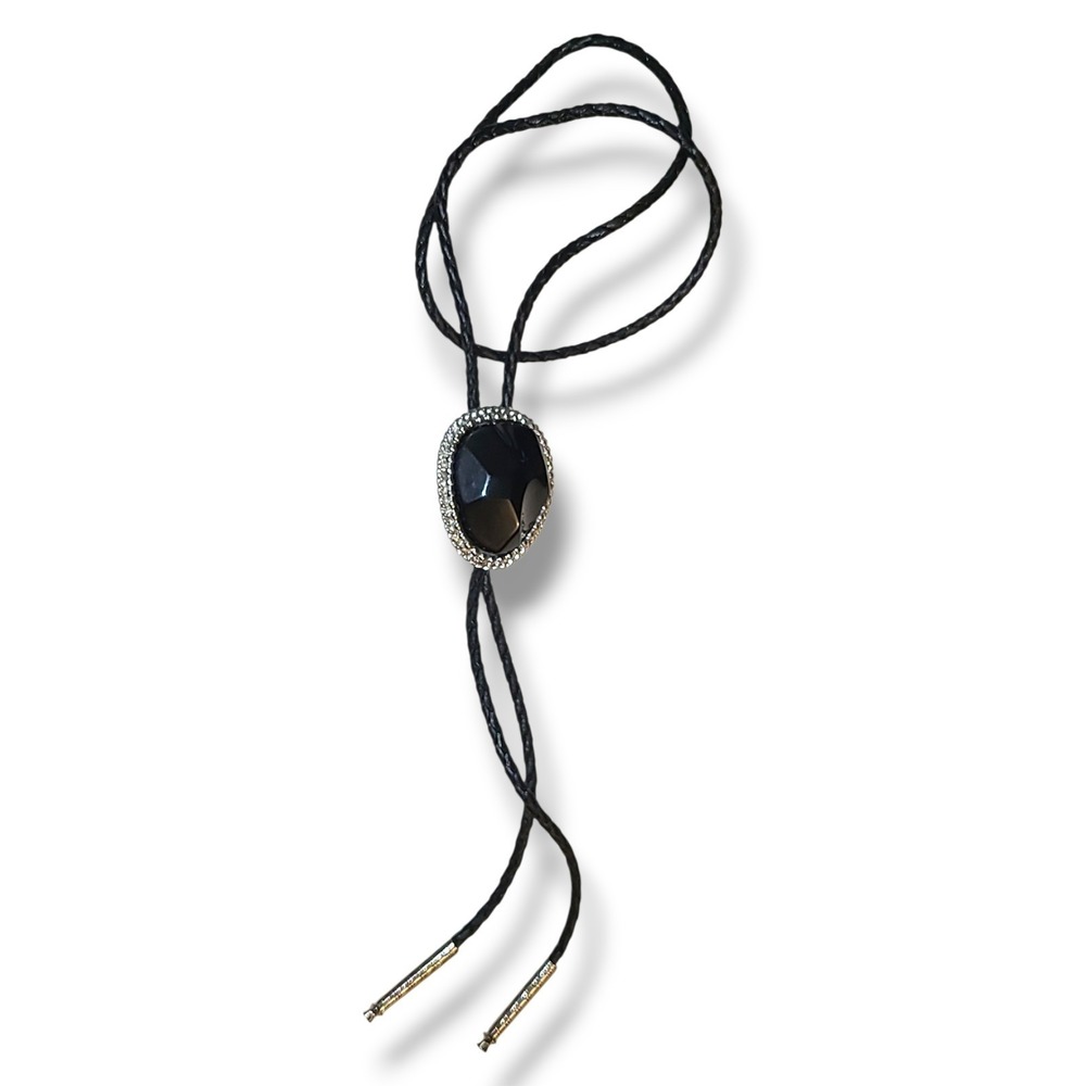 Vint Wilmarth Co 1984 Black Faux Onyx Stone Bolo Tie Western Leather Cord Silver